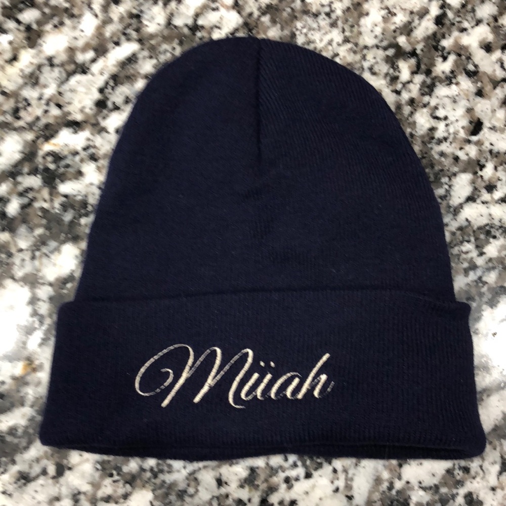 Beanie navy blue with cursive print. New custom made.